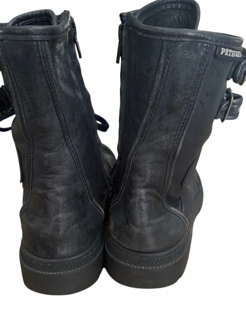Pataugas black leather moto style buckle boots, side zip, lace up , sz 38/5/7.5.